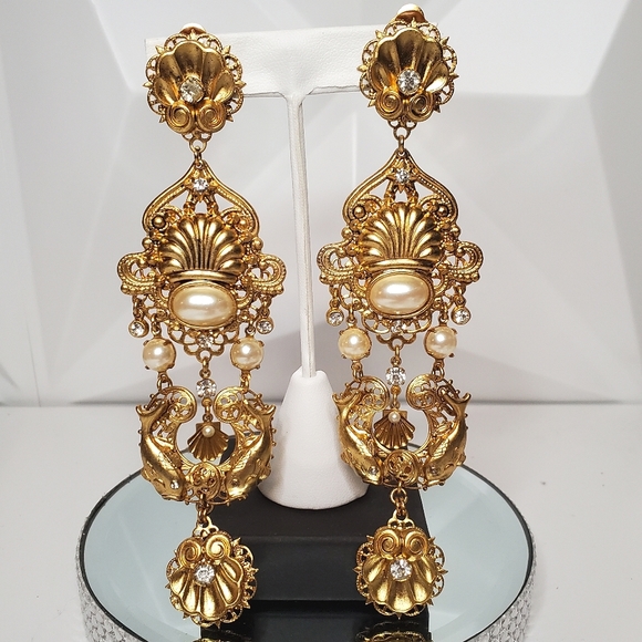 Magnificent & Massive ASKEW LONDON Etruscan Sea Theme Pearl Dangle Earrings - Picture 2 of 9